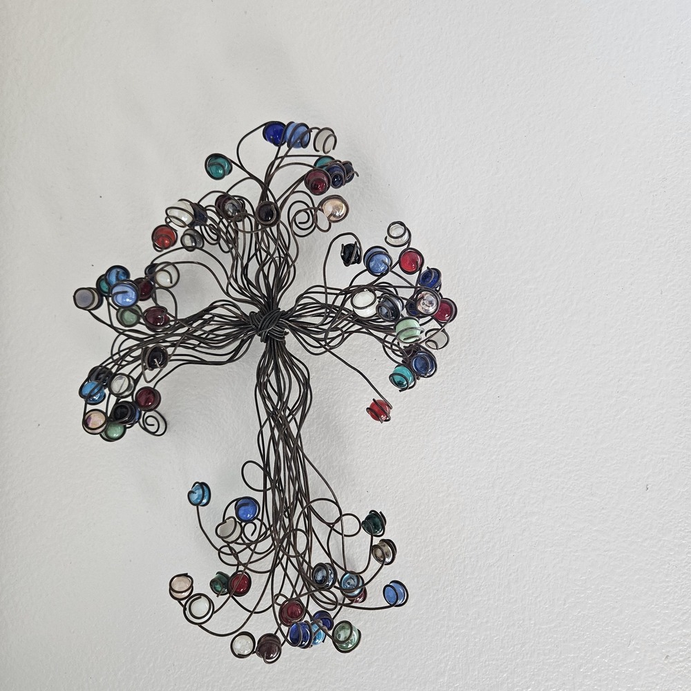 beaded metal wall cross rustic wire art accented multicolored glass beads